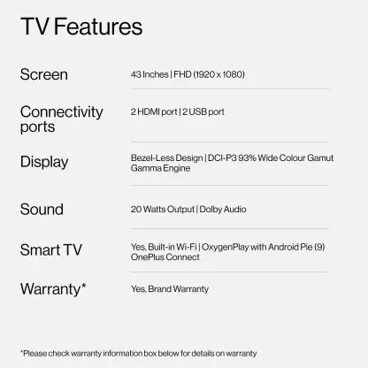 OnePlus 108 cm (43 inch) Full HD Android Smart LED TV with Dolby Audio Surround Sound Technology, 43Y1S Edge