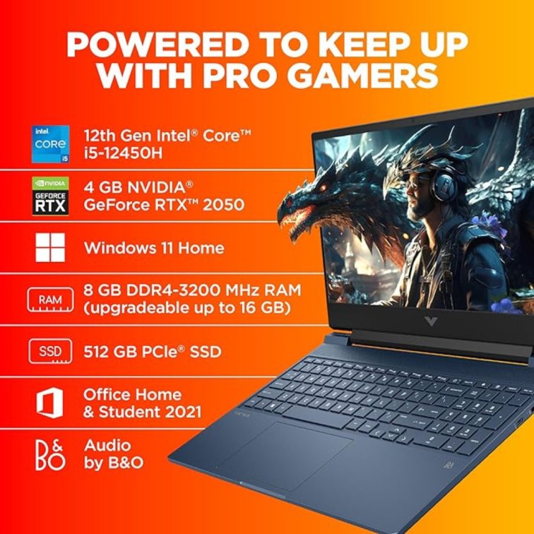 HP Victus Gaming Laptop, AMD Ryzen 5 5600H, 4GB RTX 3050 GPU, 15.6-inch (39.6 cm), FHD, IPS, 144Hz, 16GB DDR4, 512GB SSD, Backlit KB, B&O, 9ms Response time, Dual Speakers (Blue, 2.37 kg)