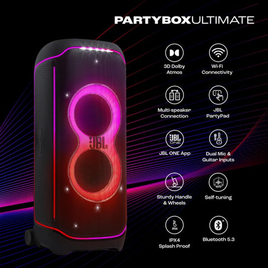 JBL Partybox Ultimate, Dynamic Lightshow, Party Pad, Wi-Fi & Bluetooth Connectivity, Dual Mic with Guitar Inputs, Pro Sound, Ipx4